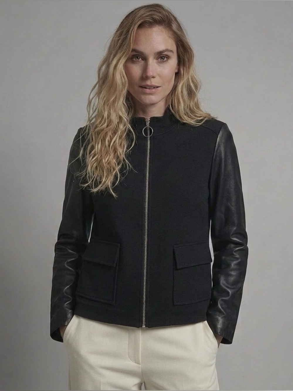 St. John Black Wool Blend Lightweight Jacket With Leather Sleeves Size 12